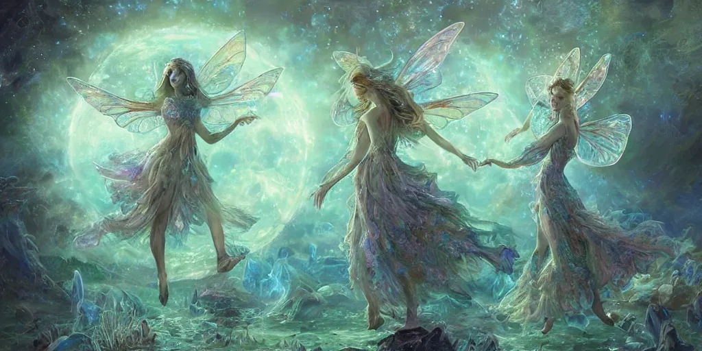 Prompt: concept art of translucent glowing fairies dancing, lovecraftian, renaissance, melting, round moon, rich clouds, moon rocks, large alien flowers, very detailed, volumetric light, mist, fine art, textured oil over canvas, epic fantasy art, very colorful, ornate intricate shiny scales, fractal gems