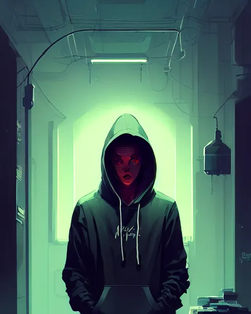 Image similar to neo - noir, hyper - realistic portrait of a man in a hoodie, intricate, 4 k, by atey ghailan, by greg rutkowski, by greg tocchini, by james gilleard, by joe fenton, by kaethe butcher, dynamic lighting, lighting color scheme, sharp focus, grunge aesthetic