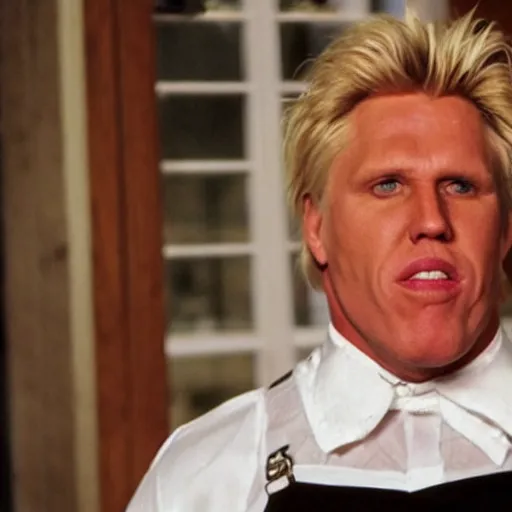 Prompt: Gary Busey in a maid outfit, sexy, lingerie, movie poster