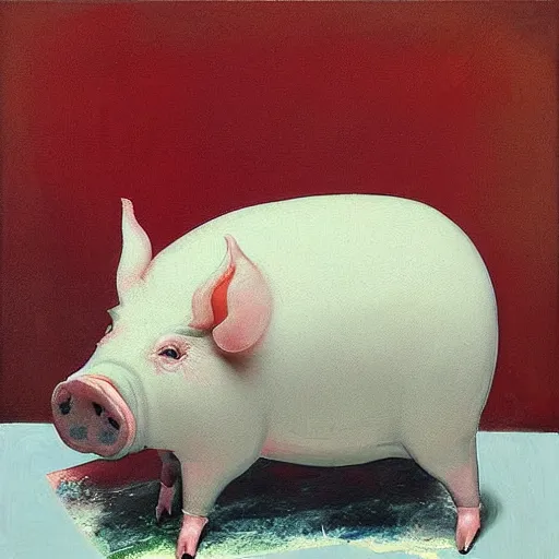 Image similar to “pig paintings and pig sculptures in a pig art gallery, pork, ikebana white flowers, white wax dripping, squashed raspberry stains, acrylic and spray paint and oilstick on canvas, by munch and Dali”