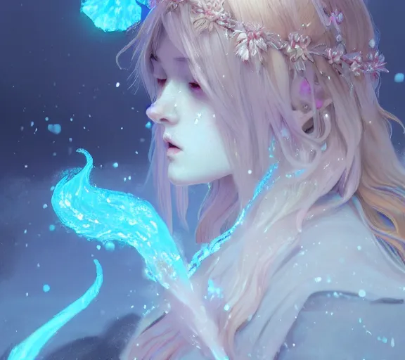 Image similar to beautiful ancient pastel frost witch, fire in eye, snow glow, pool party, highly detailed, digital painting, artstation, sharp focus, illustration, art by tan zi and ayanamikodon and alphonse mucha and wlop