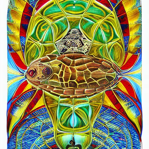 Image similar to turtle sparrow crystal apotheosis, in the style of alex grey and maxfield parish,