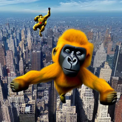 Image similar to gorilla superhero, flying over manhattan, 3d, 4k, by alan ross