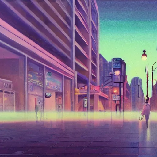 Prompt: a surreal pastel painting with a tilt - shift effect of a man walking through a science fiction - based city, dramatic lighting, depth of field, dreamy