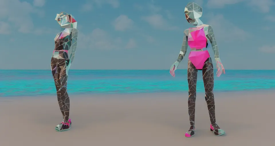 Image similar to fullbody vaporwave art of a fashionable ghoul girl at a beach, early 90s cg, 3d render, 80s outrun, low poly, from Hotline Miami