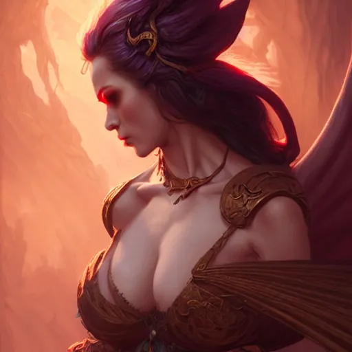 Image similar to Demoness, female, robes, D&D, fantasy, intricate, elegant, highly detailed, digital painting, artstation, octane render, concept art, matte, sharp focus, illustration, hearthstone, art by Artgerm and Greg Rutkowski and Alphonse Mucha