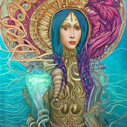 Image similar to intricate details, hyper detailed, mystic alchemical occult art, sumerian goddess inanna ishtar, ashteroth, techno mystic goddess princess intergalactica, with aqua neon rapunzel dreadlocks, detailed, wearing seashell attire, crystal pathway to atlantis floating on the sea, by sandro botticelli