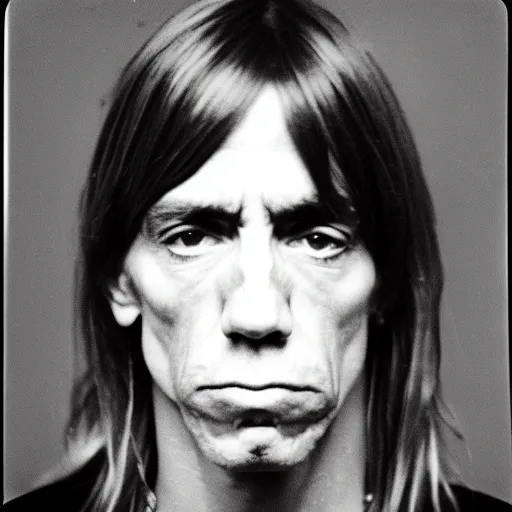 Image similar to Mugshot Portrait of Young Iggy Pop, taken in the 1970s, photo taken on a 1970s polaroid camera, grainy, real life, hyperrealistic, ultra realistic, realistic, highly detailed, epic, HD quality, 8k resolution, body and headshot, film still, front facing, front view, headshot and bodyshot, detailed face, very detailed face