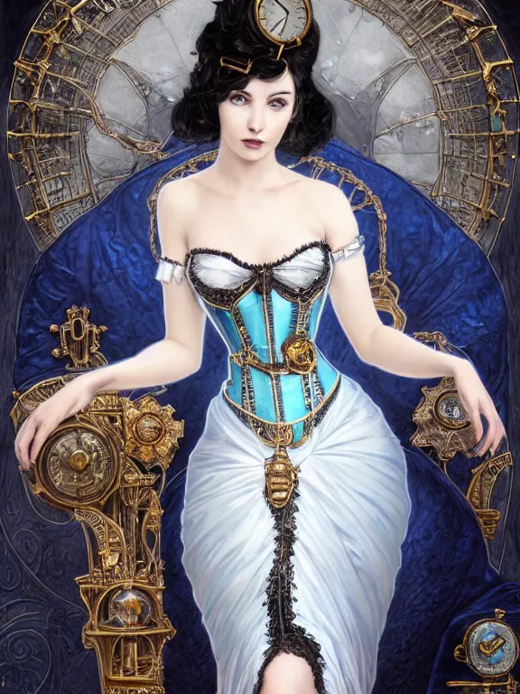 Prompt: portrait of a steampunk ice lady, elegant corset, pale white skin, sky - blue dress, robes, black jewerly, dark blue hair, sitting on ice throne, beautiful fractal ice background, ornamental, highly detailed, detailed face, smooth, sharp focus, digital painting, by artgerm and greg rutkowski and alphonse mucha
