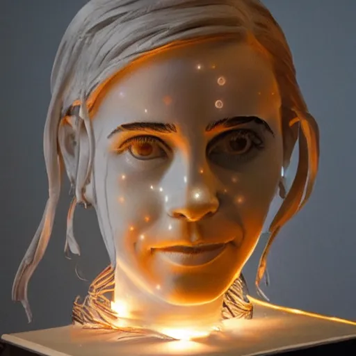 Prompt: emma watson sculpture made out of light bulbs