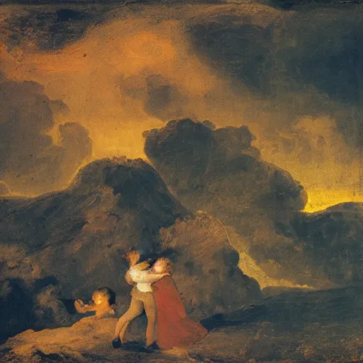 Image similar to panicking family hugging under pompeii lava, sunset, expressionism goya style