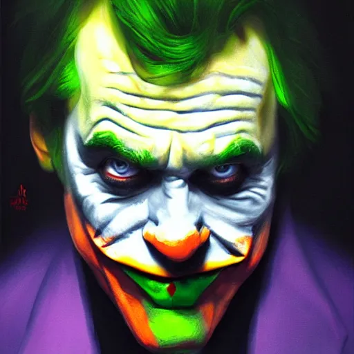 Prompt: mark hamill as the joker, oil painting, artgerm, artstation, highly detailed, portrait