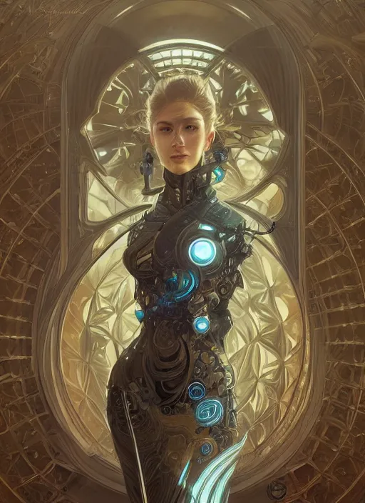 Prompt: cybernetic, intricate, elegant, highly detailed, digital painting, artstation, concept art, smooth, sharp focus, illustration, art by artgerm and greg rutkowski and alphonse mucha