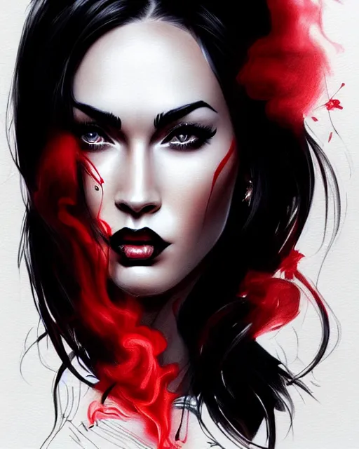 Prompt: black red ink smoke portrait of megan fox, artgerm, wlop, artstation