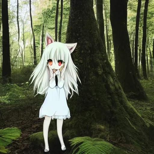 Image similar to a cute white long haired anime foxgirl in a forest