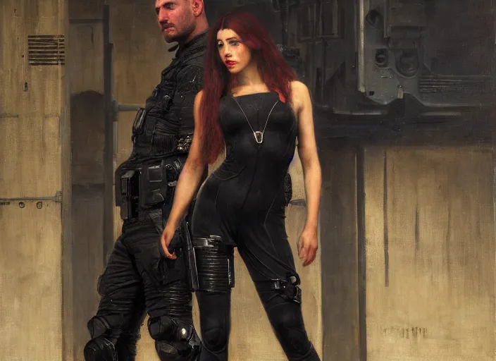 Prompt: sophia evades sgt Griggs. Cyberpunk hitwoman wearing jumpsuit escaping police troopers (blade runner 2049). Gorgeous face. Iranian orientalist portrait by john william waterhouse and Edwin Longsden Long and Theodore Ralli and Nasreddine Dinet, oil on canvas. Cinematic, hyper realism, realistic proportions, dramatic lighting, high detail 4k