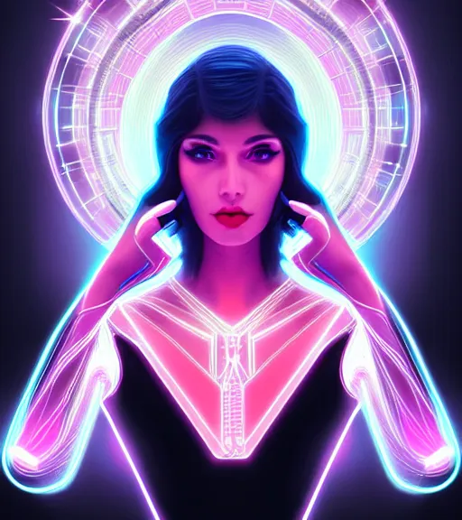 Image similar to symmetry!! latin princess of technology, solid cube of light, hard edges, product render retro - futuristic poster scifi, lasers and neon circuits, beautiful woman latin princess, intricate, elegant, highly detailed, digital painting, artstation, concept art, smooth, sharp focus, illustration, dreamlike, art by artgerm