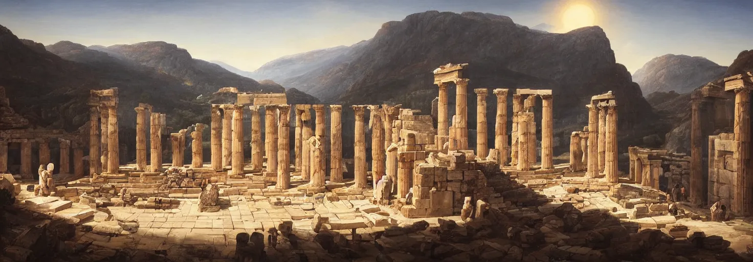 Prompt: an awe - inspiring raphael lacoste and noah bradley landscape painting of the elite of greek society gathering at delphi for the mysteries of eluesys