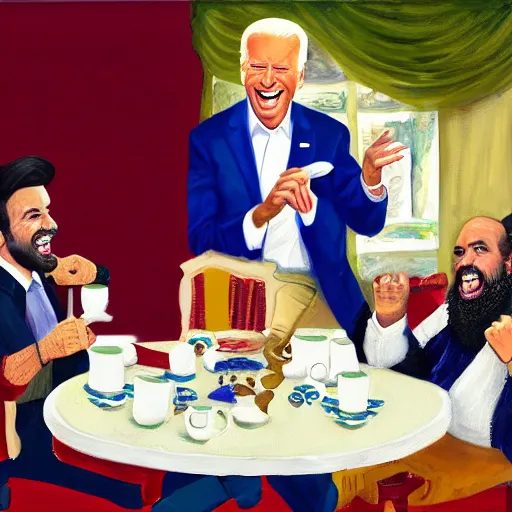 Prompt: a painting of joe biden laugh in tea party with taliban, ultra detailed content : face, gesture, body, mimic. random position content, frontal realistic, sharp focus, intricate, dynamic composition, rgb colors, remove duplicate contents.