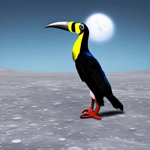 Prompt: photography hyperrealistic tucan on the moon