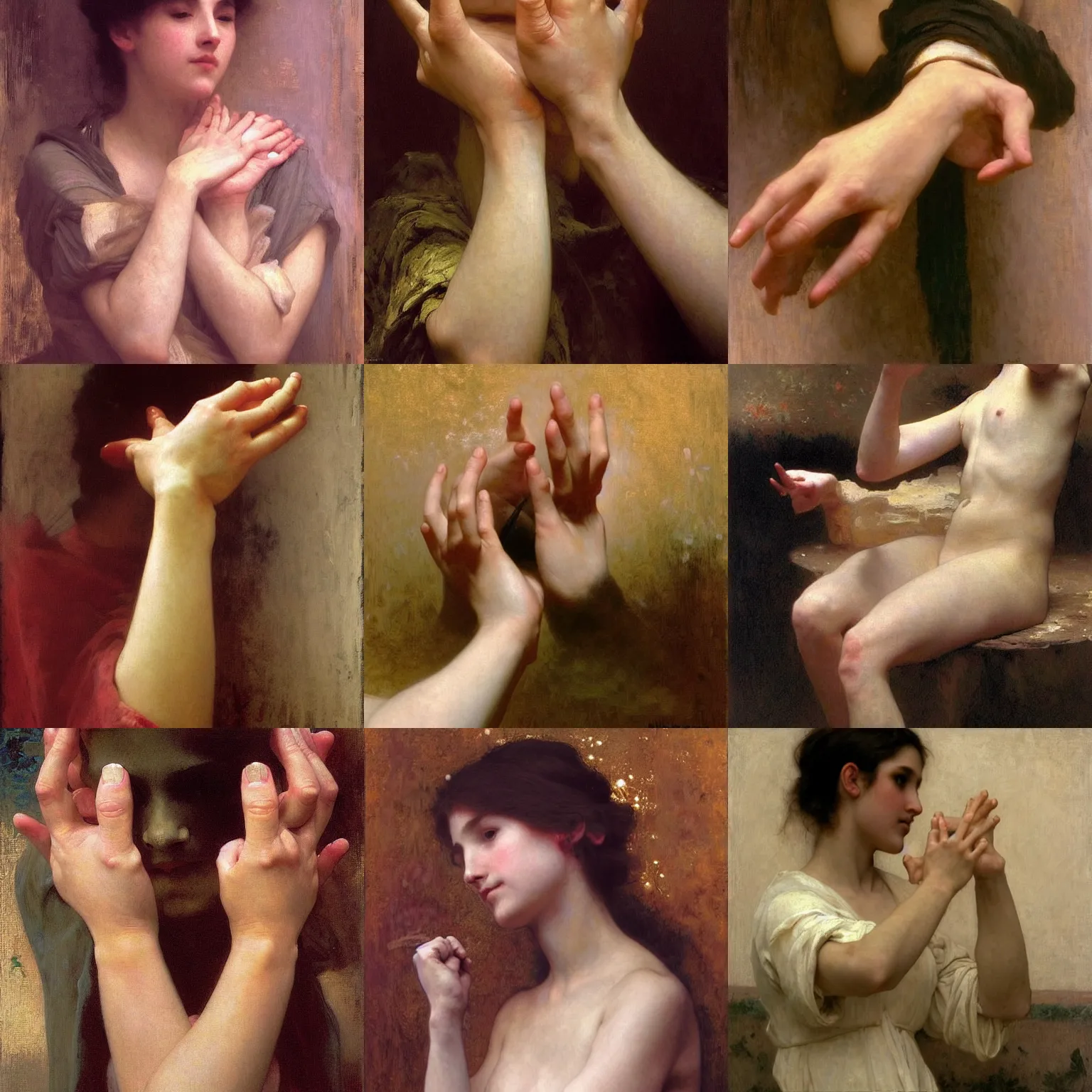 Prompt: painting of hands by william bouguereau, waterhouse, craig mullins, ruan jia, gustave klimt, beautiful!!!!!!! hands!!!!!!!!!!!!!!!!
