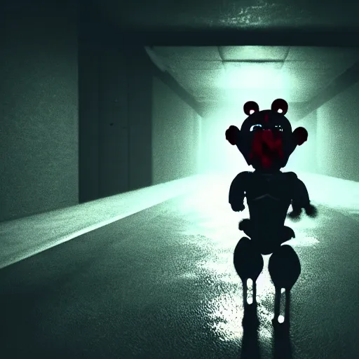 Prompt: portrait, bonnie, FNAF, game screenshot, jumpscare, dramatic lighting, bloody, cinematic, fog, establishing shot, action shot, dynamic pose, running down the hallway, creepy ambience