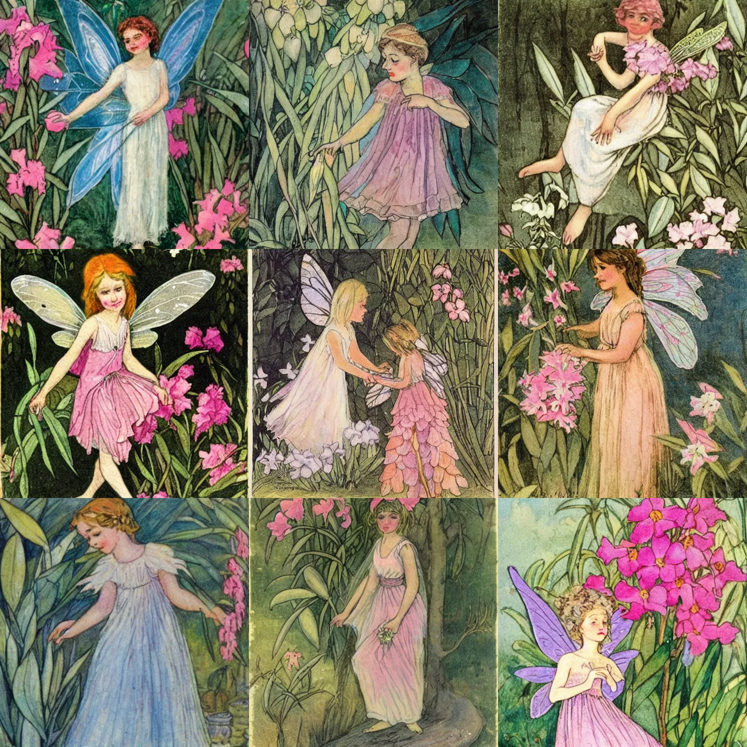 Image similar to a fairy posing with oleander illustration by Cicely Mary Barker