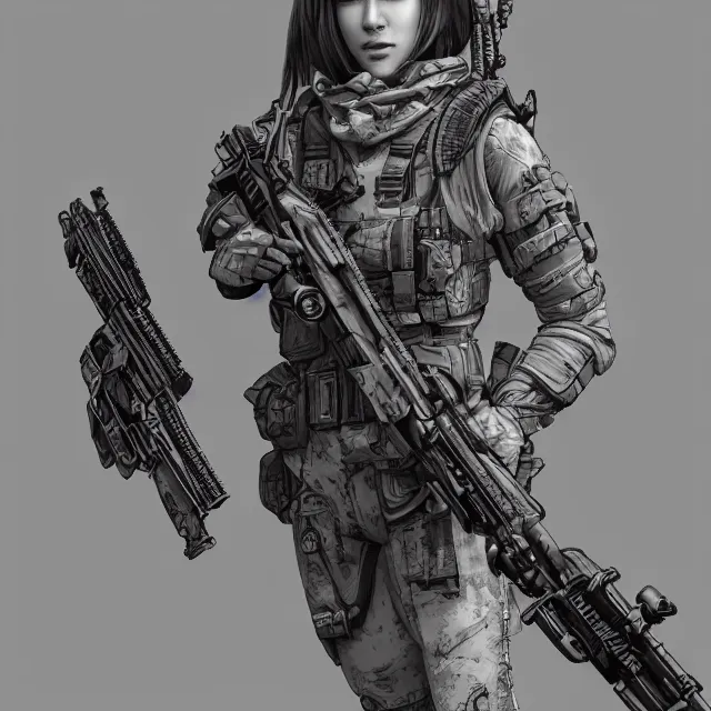 Image similar to the photorealistic portrait of lawful neutral female futuristic marine sniper as absurdly beautiful, gorgeous, elegant, young gravure idol, an ultrafine hyperdetailed illustration by kim jung gi, irakli nadar, intricate linework, bright colors, octopath traveler, final fantasy, unreal engine 5 highly rendered, global illumination, radiant light, detailed and intricate environment