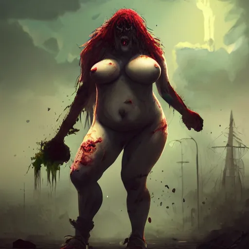 Image similar to angry extremely fat obese giant zombie woman, full body portrait, with clothese, horror core, apocalyptic, feeling of grimdark, sharp focus, fiction, hyper detailed, digital art, trending in artstation, cinematic lighting, studio quality, smooth render, unreal engine 5 rendered, octane rendered, art style and nixeu and wlop and krenz cushart