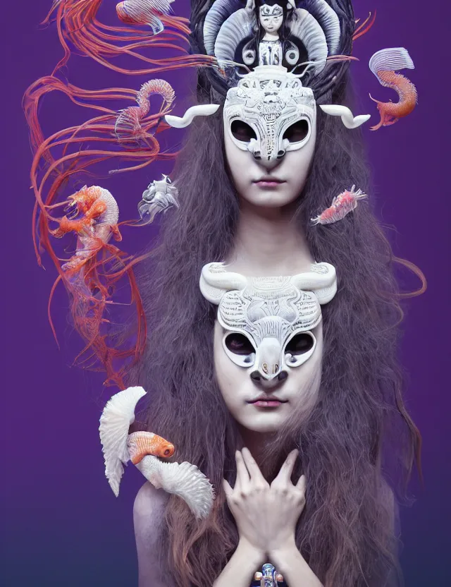 Image similar to 3 d slvic goddess half - turn portrait with long hair with ram skull. beautiful intricately detailed japanese crow kitsune mask and clasical japanese kimono. betta fish, jellyfish phoenix, bio luminescent, plasma, ice, water, wind, creature, artwork by tooth wu and wlop and beeple and greg rutkowski