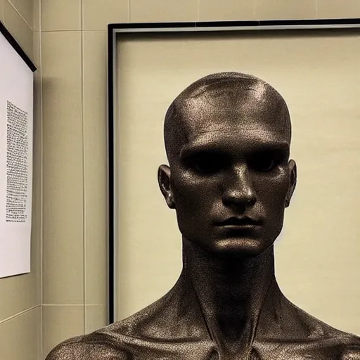 Prompt: “a realistic detailed photo of a guy who is an attractive humanoid who is half robot and half humanoid, who is a male android, Oklahoma Stare University college wrestler Daton Fix, shiny skin, posing like a statue, blank stare, at the museum, on display”