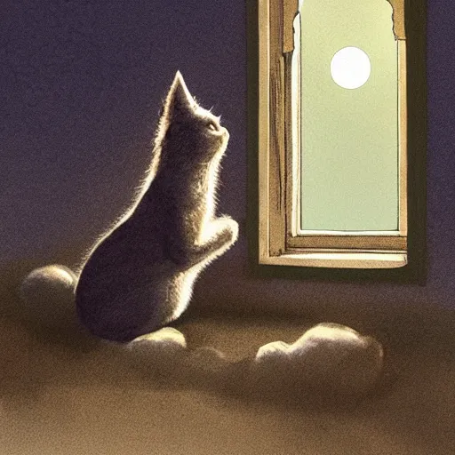 Image similar to A boy with his cat sitting in a window praying at the moon, concept art by Marc Simonetti and illustration by Maurice Sendak