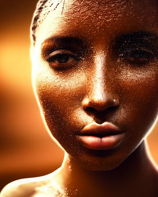 Image similar to photo half body portrait of very beautiful woman, face emerging from pool of water, brown skin, realism, extreme detail, real life, key art, soft light, volumetric light, 3 - d shadows, photo by james jean and wlop, photoshoot