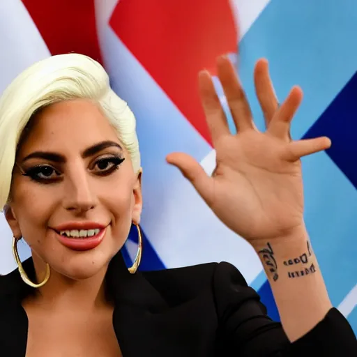 Image similar to Lady Gaga president of Argentina, Argentina flag behind, bokeh, detailed, hd, waving hands