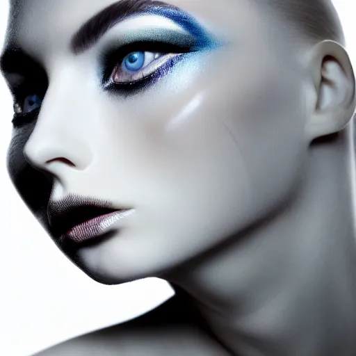 Image similar to high fashion photography of a model in neo futurism white sci - fi makup, transparent cloth, beautifully lit