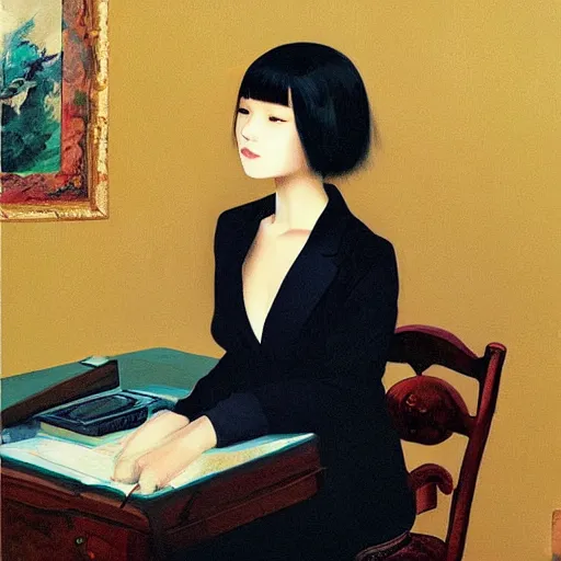 Prompt: oil painting by ilya kuvshinov, sakimichan, coby whitmore, of a youthful japanese beauty, long hair, sitting on antique chair leaning against a desk, victorian room