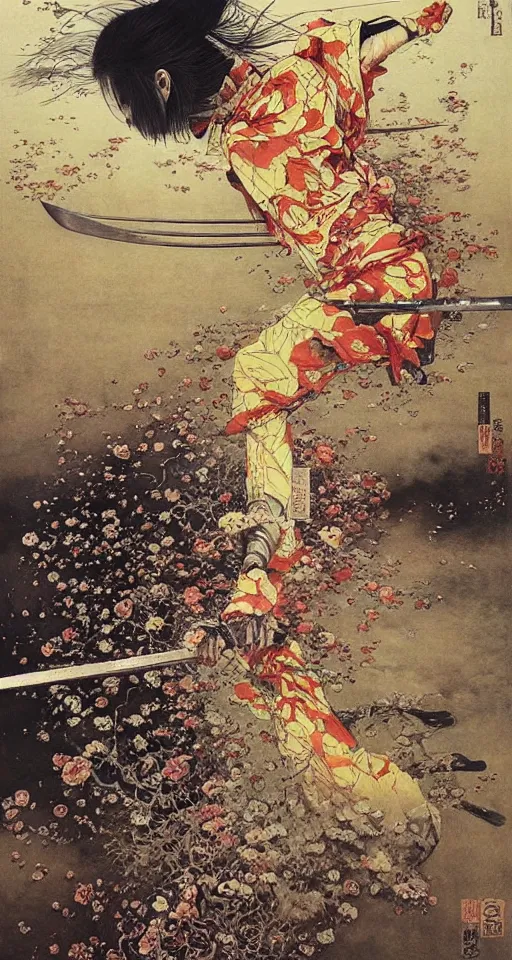 Image similar to Japanese schoolgirl runs away from Samurai with a katana on the subway, high detailed Beksinski painting, part by Adrian Ghenie and Gerhard Richter. art by Takato Yamamoto. masterpiece