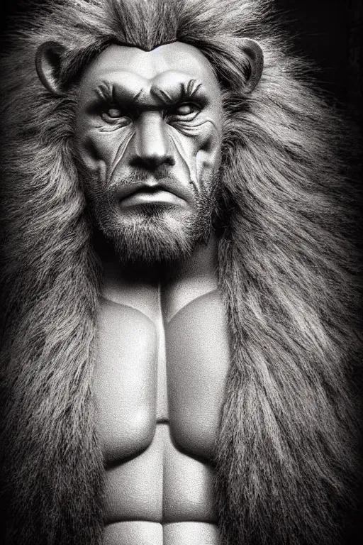 Prompt: lion - o from thundercats, portrait, full body, symmetrical features, silver iodide, 1 8 8 0 photograph, sepia tone, aged paper, sergio leone, master prime lenses, cinematic