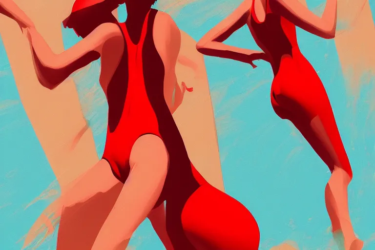 Image similar to fishes swim around woman in red swimsuit, highly detailed, smooth, sharp focus, concept art, illustration, beautiful, geometric, trending on artstation, cinematic, behance featured, artwork by Bowater, Charlie