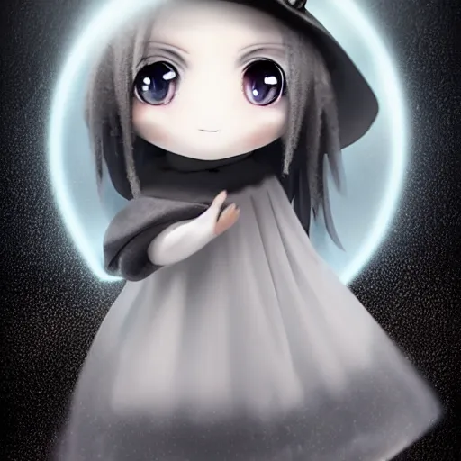 Image similar to cute fumo plush girl gazing into a crystal ball swirling with strange energy, black and white, smoke and volumetric fog, witch girl, soothsayer, lens flare glow, chibi anime, vray