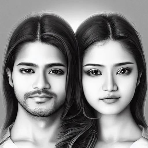 Image similar to perfectly centered symmetrical split male and female portrait of indian romance couple man and woman in love sharing one heart ; digital artwork by'kyuyong eom'and artgerm, photorealistic, highly detailed ; trending on artstation