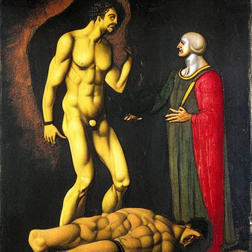 Image similar to painting of black adam as adam in the creation of adam by leonardo davinci