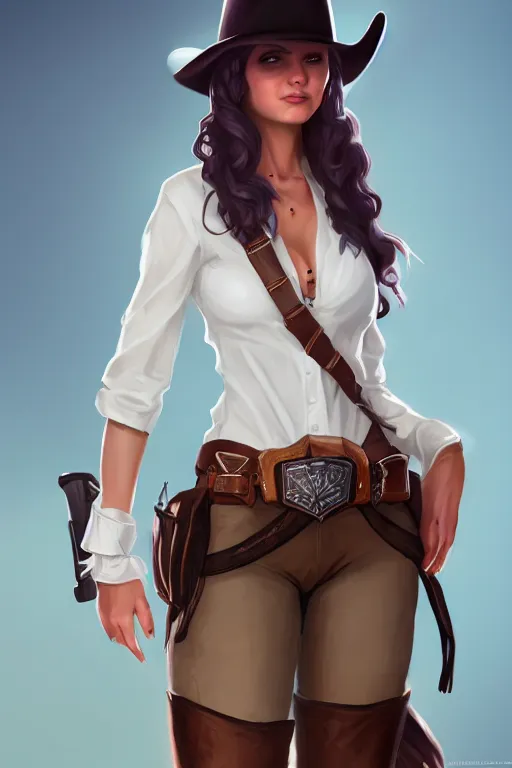 Image similar to full body, female cowgirl, perfect face, white blouse, holster, 8 k, magic the gathering, desert, d & d, artstation, high detail, smooth, sweaty character concepts by senior concept artist