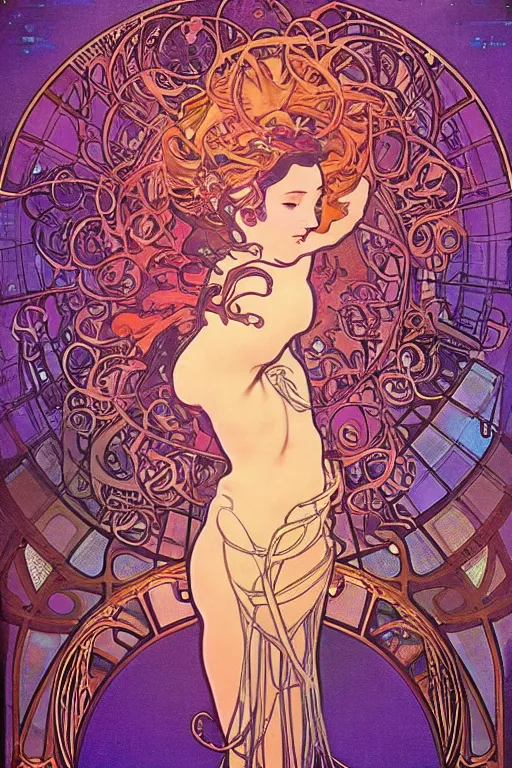 Prompt: she dreams of arcs of purple flame intertwined with glowing sparks, glinting particles of ice, dramatic lighting, steampunk, bright neon, secret holographic cyphers, red flowers, solar flares, high contrast, smooth, sharp focus, art nouveau, intricate art by Alphonse Mucha