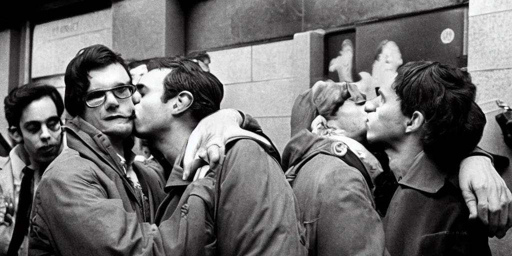 Image similar to two men kissing in the entrance to a subway stop in manhattan at the time of the stonewall riots. new york city, usa. 1 9 6 9 - 1 9 7 0. ernest cole photography