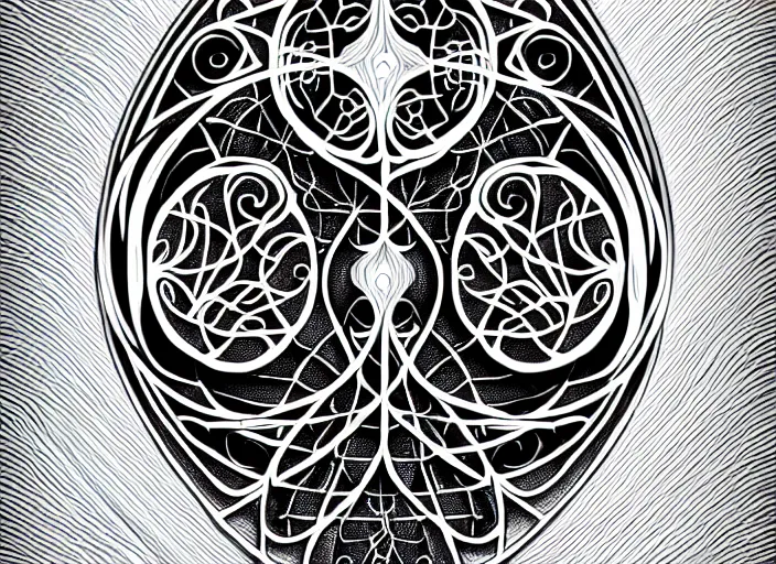 Prompt: symmetry! human fetus, intricate filigree, elegant, highly detailed, centered, concept art, smooth, sharp focus, lineart, illustration, 3 d occlusion, penned with black on white on gray, 8 k
