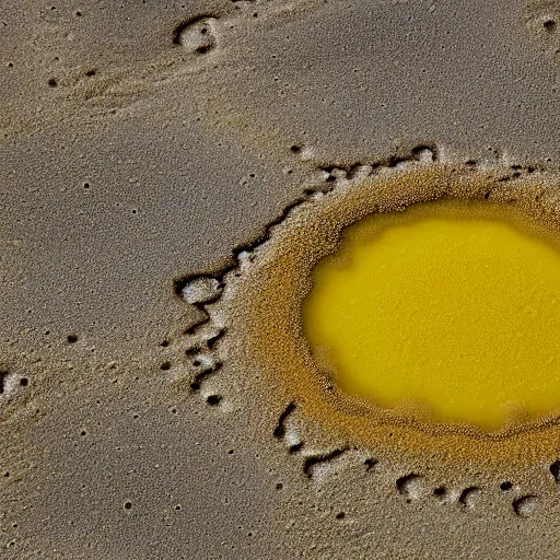 Prompt: a yellow and brown bacterial mat at a yellowstone hotspring, macro photography, extremely detailed, small features, bumps, craters, follicles, high contrast, bright yellow, dull brown