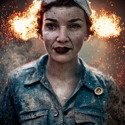 Image similar to a portrait of Rosie the riveter, industrial setting, dynamic pose, sweat and grime, close-up, intricate details, intricately detailed clothing, intricate textures, warm lighting, vivid colors, sparks flying, smoke and mist, realistic octane render, hyper realistic render, volumetric shading, depth of field, raytracing, 8k,