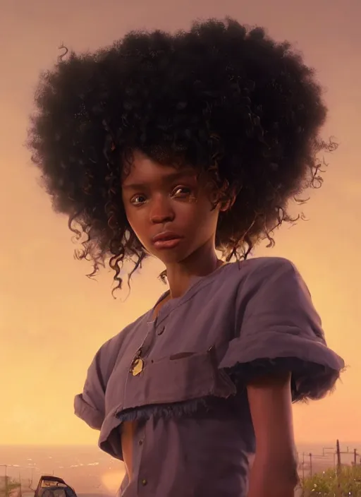 Image similar to highly detailed portrait of black girl with puffy curly hair looking at the camera in gta v, stephen bliss, unreal engine, fantasy art by greg rutkowski, loish, rhads, ferdinand knab, makoto shinkai and lois van baarle, ilya kuvshinov, rossdraws, tom bagshaw, global illumination, radiant light, detailed and intricate environment