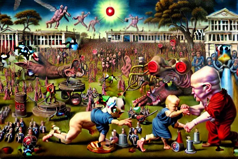 Image similar to a sparsely populated strange battle in an old hospital between old people and babies Robert Williams Mark Ryden and Alex Gross, Todd Schorr highly detailed deep perspective perfect composition